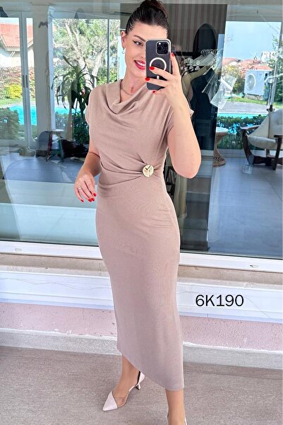 İnce Topuk Degaje Collar Buckled Ribbed Knit Dress 6K190