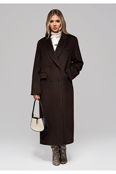 OMBRE Dámský dlouhý vlněný kabát LARICA OW-COLC-0100 v2 - hnědý