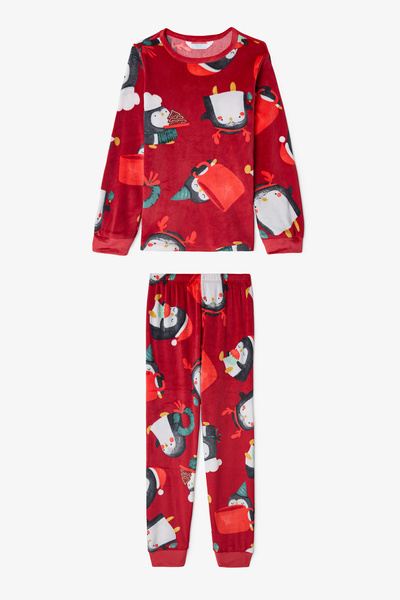 Penti Red Girl's Penguin Patterned Long Sleeve Pajama Set