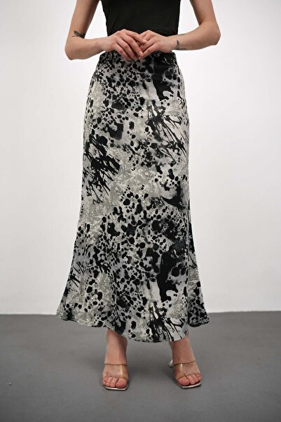 Gugus Women's Satin Skirt A-Cut Patterned Imported Fabric