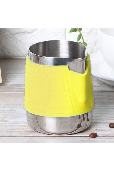 cc bin shihon 350ml milk pitcher for coffee preparation, coffee milk frother, stainless steel with yellow heat-insulating rubber.