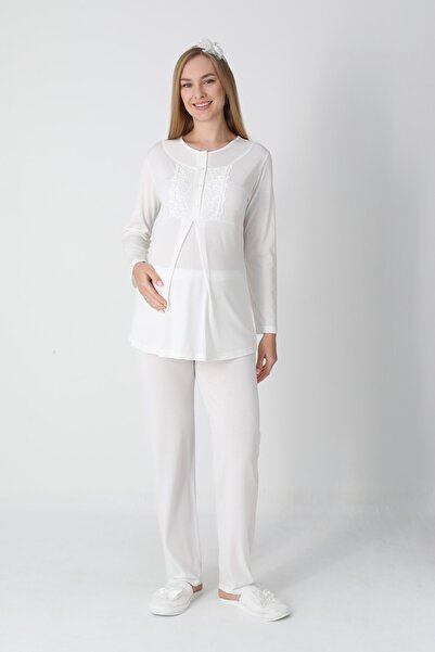 BLACKMORE Women's Ecru Jacquard Shawl Collar Cotton Winter Maternity Pajamas with Dressing Gown 3-Piece Set