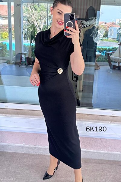 İnce Topuk Degaje Collar Buckled Ribbed Knit Dress 6K190