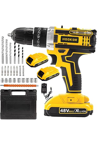 HOOKOR مجموعة مثقاب كهربائي لاسلكي 48 فولت، بطاريتان ليثيوم أيون، سرعة متغيرة...