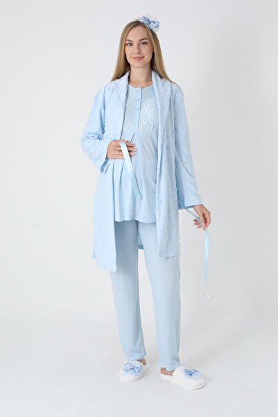 BLACKMORE Women's Blue Jacquard Shawl Collar Cotton Winter Maternity Pajamas with Dressing Gown 3-Piece Set