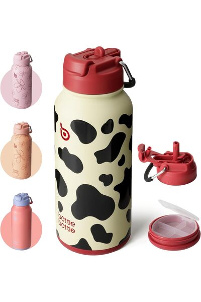 bottlebottle 32oz Insulated Stainless Steel Sports Water Bottle with Straw & Dual-Use Lid (Cow)