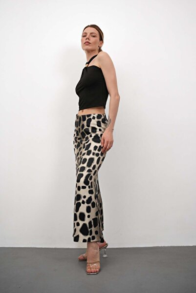 Gugus Women's Satin Skirt A-Cut Patterned Imported Fabric