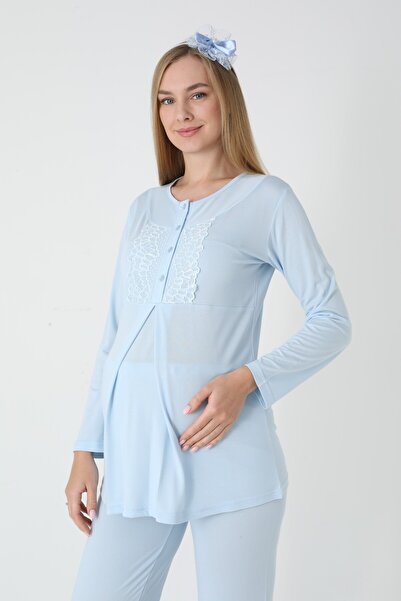 BLACKMORE Women's Blue Jacquard Shawl Collar Cotton Winter Maternity Pajamas with Dressing Gown 3-Piece Set