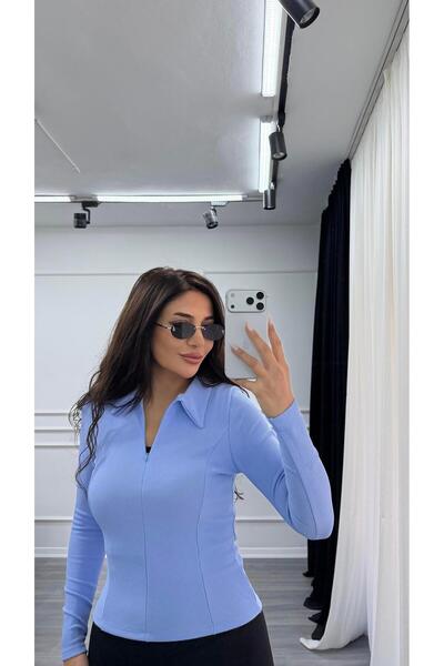 Daves Blue Polo Neck Half Zipper Stretchy Blouse