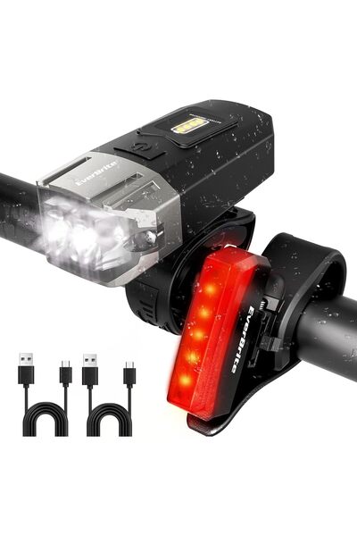 EVERBRITE مصابيح دراجة أمامية وخلفية قابلة لإعادة الشحن، 5+4 أوضاع، مؤشر شحن،...