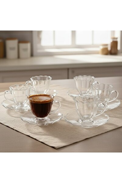 FAIR HOME Olive Glass 6-Person Turkish Coffee Espresso Cup Set with Saucers – 6 X 90 ml
