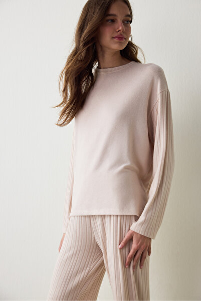Penti Beige Melange Coziness Crew Neck Long Sleeve Pajama Set
