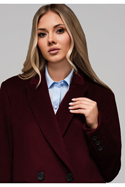 OMBRE Dámský dlouhý vlněný kabát LARICA OW-COLC-0100 v3 - bordó
