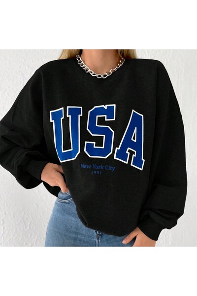 Miyalon Kadın Oversize USA Baskılı Bisiklet Yaka Sweatshirt