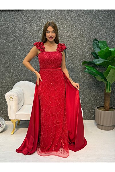 E&A Eren Abiye KIRMIZI KALIN ASKILI INCI ISLEMELI PELERINLI BALIK ABIYE