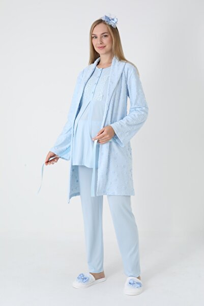 BLACKMORE Women's Blue Jacquard Shawl Collar Cotton Winter Maternity Pajamas with Dressing Gown 3-Piece Set