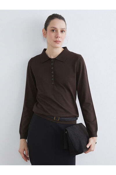 LC Waikiki LCWAIKIKI ClassicKahverengi Polo Yaka Kadın Triko Kazak