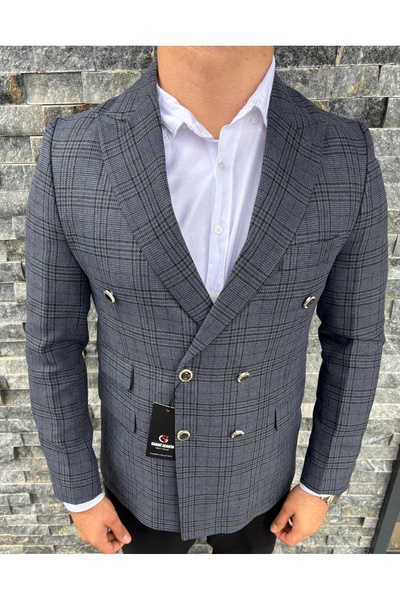 SABRİ ZENGİN Men's Thick Fabric Slim Fit Plaid Double-Breasted Jacket