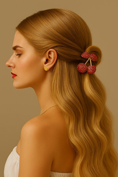 cityvision Stone Detailed Cherry Design Metal Hair Clip Red Color 4 cm – Sparkling and Elegant Accessory