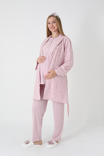 BLACKMORE Women's Salmon Jacquard Shawl Collar Cotton Winter Maternity Pajamas with Dressing Gown 3-Piece Set