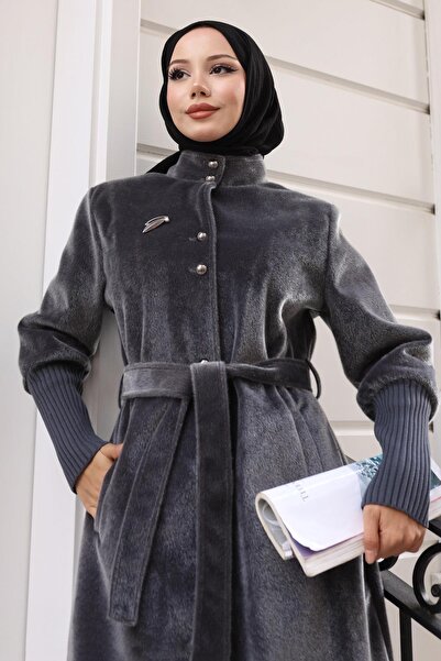 Modamihram Palton cu detaliu broșă gri 19279