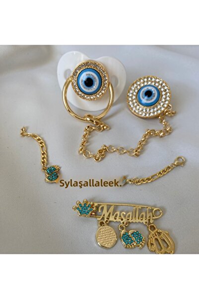 tiny wood Gold Plated Evil Eye Beaded Zircon Pacifier Set - Mashallah Needle ...