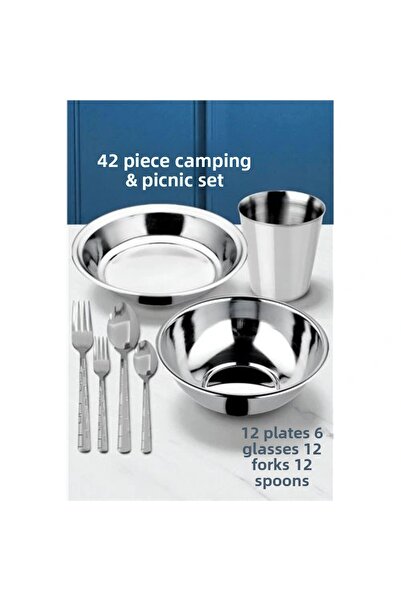 shopwave 42 Piece Plate Bowl Cup Crack Spoon Set Camping Picnic Set