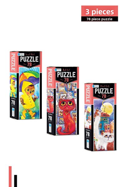 Blue Focus Games 3 Pcs 78 Piece Puzzle-Sweet Owl and Red Cat and Street Cats