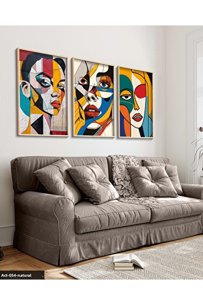 Evinemoda Πολύχρωμο Γυναικείο Πορτρέτο 3 τεμαχίων ζωγραφική με ξύλινο κορνίζα