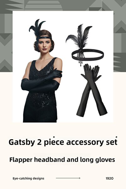 shop Set de accesorii Gatsby din anii '20 – Bandă de păr cu strasuri negre și...