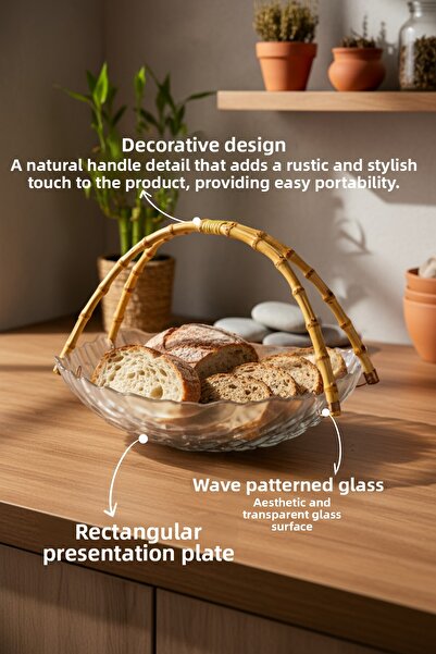 Bambum Cestino Bambu Glass Rectangular Presentation Plate with Handles Embossed Pattern