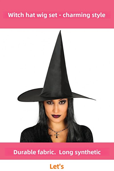 Letsii Pălărie neagră de vrăjitoare pentru adulți și perucă neagră lungă de v...