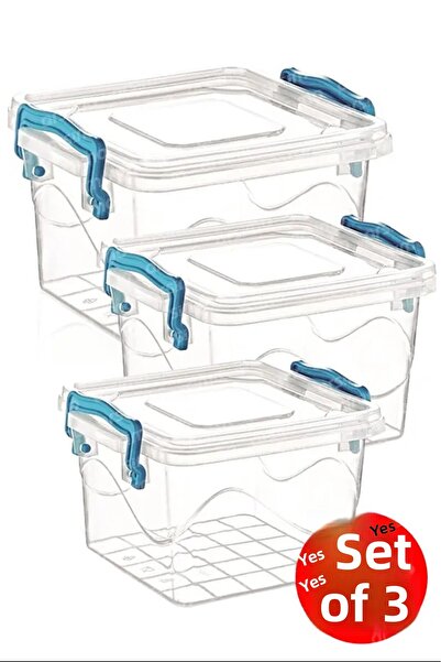 just cheap store Set of 3 Square Clamp Transparent Storage Containers| Storage Container Set with Lid 2.4 Lt - 1.2 Lt - 550 Ml Roy