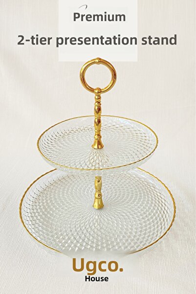 UCCO 2-Tier Aden Premium Luxury Gold Glass Serving Plate | Tea Time Coffee Side Cake Cookies Turkish Delight Stand
