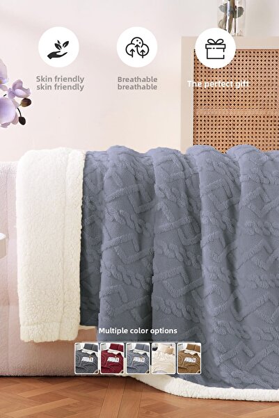Evlen Home Collection Pufly Jacquard Sherpa Blanket Set Double Size 3 Pieces Soft Plush Wellsoft Bedspread