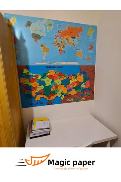 Practino Magic Paper Colorful Turkey and World Map Set of 2 118×56cm with Static Cling Feature