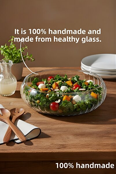 Nandy Home Set of 2 Large Glass Salad Bowls - Scandinavian Style Bowl - Transparent Bowl