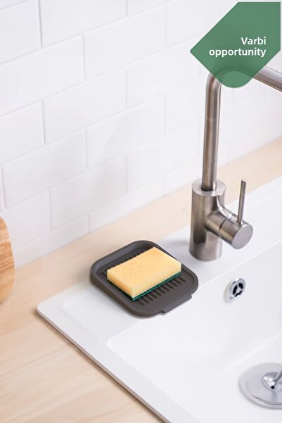 Varbifırsat Gray Silicone Soap Dish with Water Drain, Flexible Structure with Suction Cup, Bathroom Kitchen Wall Mounted Soap Sponge Container
