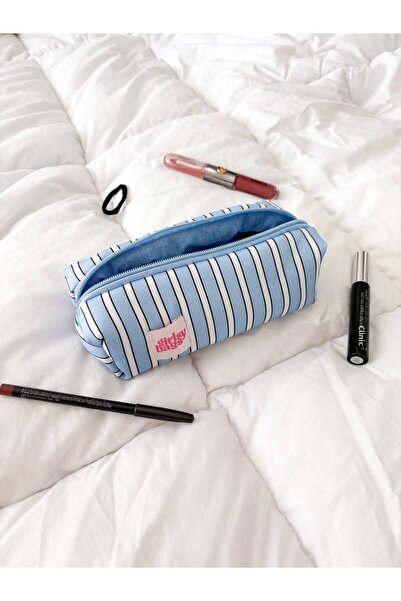 girlsybags حامل أقلام رصاص أزرق مخطط بفتحة واحدة، قابل للغسل، بسحاب، مقلمة مدرسية زرقاء