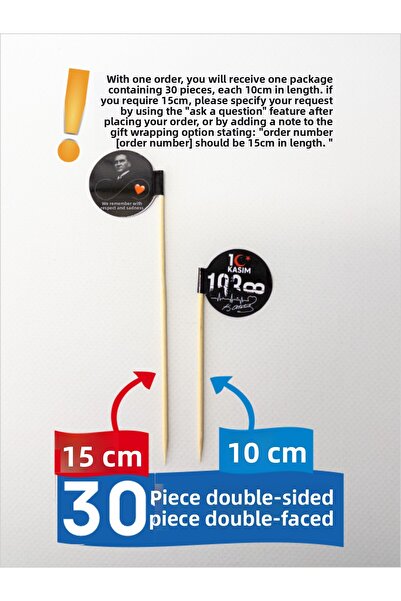 Bayrak Kürdan November 10 We Commemorate Atatürk with Respect and Longing Written Event - 10cm 30 Pieces