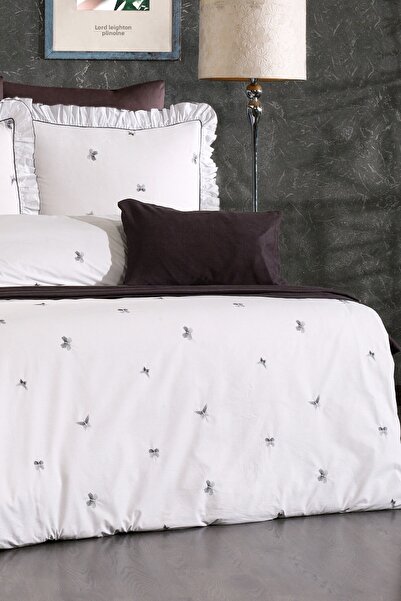 Serebien Home Collection Ophelia 100% Cotton Butterfly Pattern Embroidered, Ruffled, 8-Piece Premium Double Duvet Cover Set