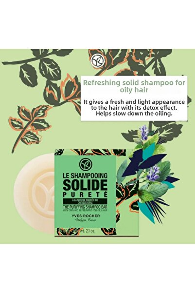 Yves Rocher Purifying Solid Shampoo for Oily Hair 60 Gr Organic Mint Extract Refreshing Vegan Nature Friendly