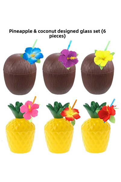 Go İthalat Ananas &amp; Set de pahare cu design nucă de cocos și paie (6 bucă...
