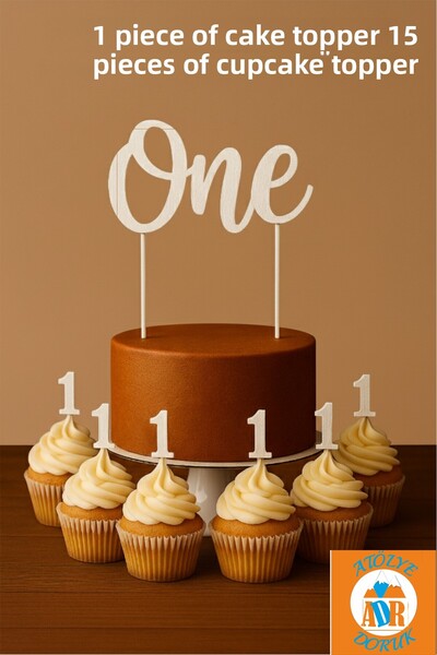 Atölye Doruk زينة كعكة عيد الميلاد الأولى باللون الأبيض - كتابة واحدة على الكعكة - رقم 1 على علبة الكب كيك - طقم عيد ميلاد الطفل