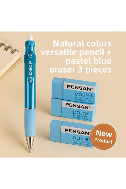 KarmaOfis Natural Blue Versatil Pen + Pastel Blue Eraser 3 Pieces