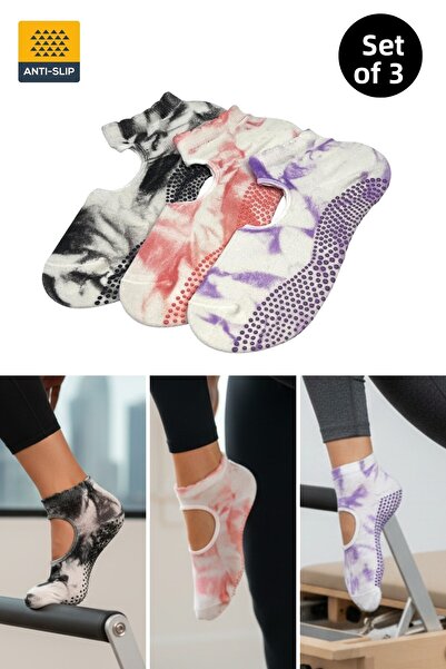 Dore Set original de 3 șosete pentru yoga pentru femei, cu talpă anti-alunecare, model scurt, batik, pentru Pilates și yoga, 3 perechi