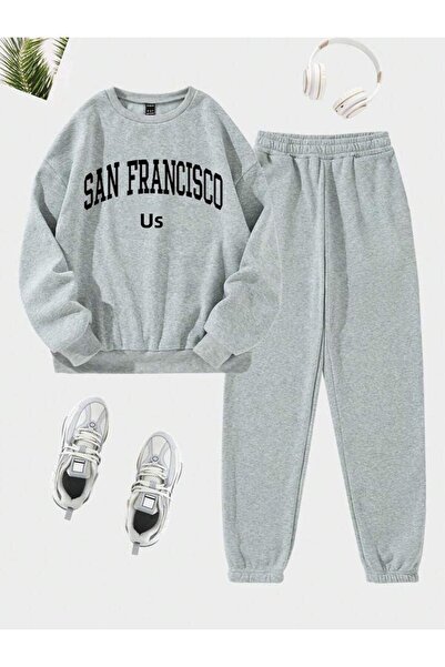 DUBU BUTİK San Francisco USA Tracksuit Set Sweatshirt Jogger - Gray Printed Oversize Raised Crew Neck