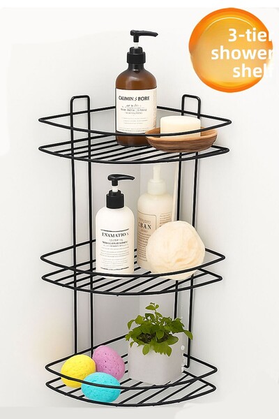 Badem10 Черен винтов 3-степенен ъглов държач за шампоан, душ рафт, метален ор...