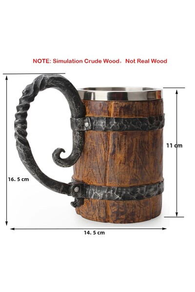 APWIKOGER كوب بيرة على طراز خشب الفايكنج 001، كوب بيرة خشبي على شكل برميل خشبي، كوب شرب مزدوج الجدار من المعدن