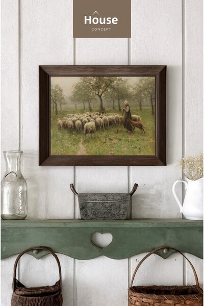 Hane Concept Pictură vintage de ciobănesc și oi, imprimare artistică în stil ...